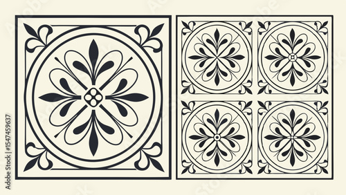 Vintage black and white decorative encaustic cement tiles with intricate floral and scrollwork patterns, perfect for classic interior design and traditional home decor.