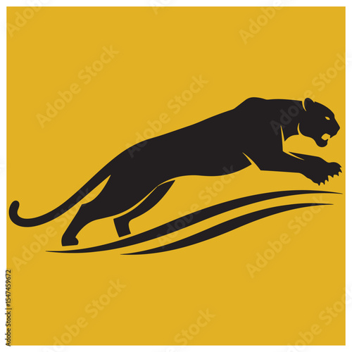 Silhouette illustration of a jumping black panther with bold and dynamic lines on yellow