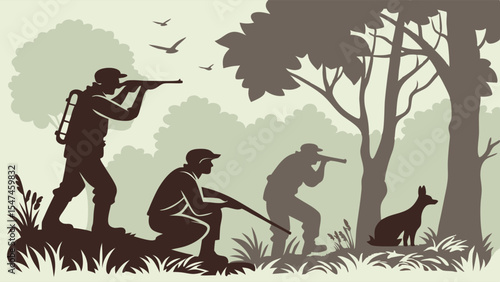 Retro monochrome silhouette vector illustration of three hunters with rifles and a hunting dog in a dense forest landscape outdoor sport.