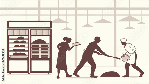 Skilled bakers craft fresh bread in a bustling commercial bakery with large ovens and display cases. Flat sepia-style illustration of food production.