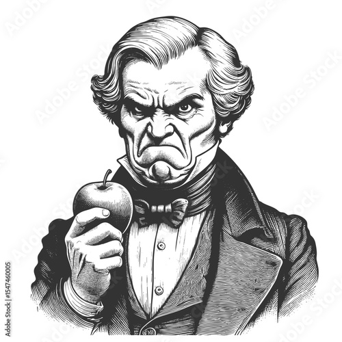 furious man in old-fashioned clothing, sternly gripping an apple with intense expression sketch engraving generative ai fictional character vector illustration. Scratch board. Black and white image.