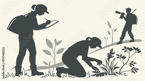 Monochrome vector silhouette illustration of environmental scientists and researchers conducting outdoor field work, studying plants, and observing nature.