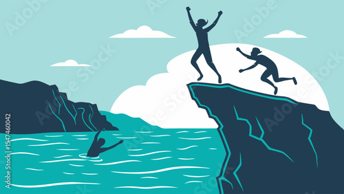 Flat vector illustration showing people on a cliff. One celebrates success, another falls, and one struggles in the sea, symbolizing challenge and different outcomes.