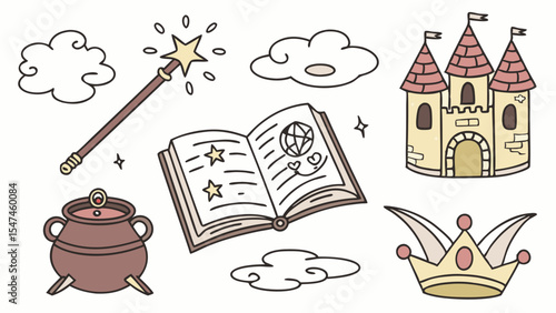 Whimsical hand-drawn fantasy magic fairy tale storybook vector elements set with a sparkling wand, open spell book, medieval castle, royal crown, cauldron, and clouds.