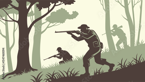 Two-tone vector illustration of three soldiers in a jungle combat scene, advancing uphill with rifles. A flat graphic depicting military action and forest warfare.