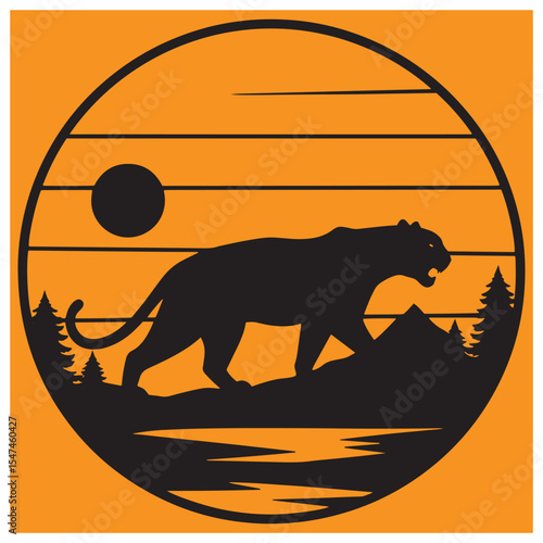 Silhouette of a panther walking in nature within a circular sunset frame