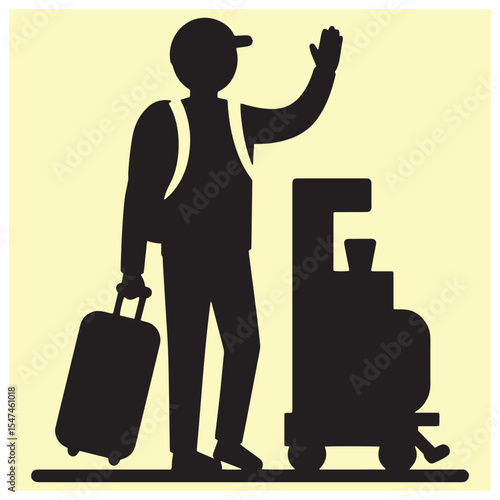 Silhouette of a traveler waving goodbye near luggage on a wheeled cart before journey