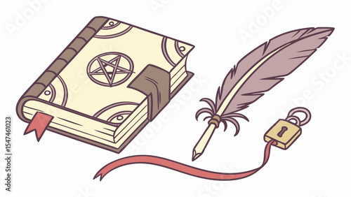 Fantasy magic illustration of an ancient spellbook featuring a pentagram, red bookmark, and a feather quill pen. A golden padlock with a red ribbon signifies secrets.