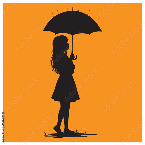 Silhouette of a woman holding an umbrella on an orange background with a minimalistic style