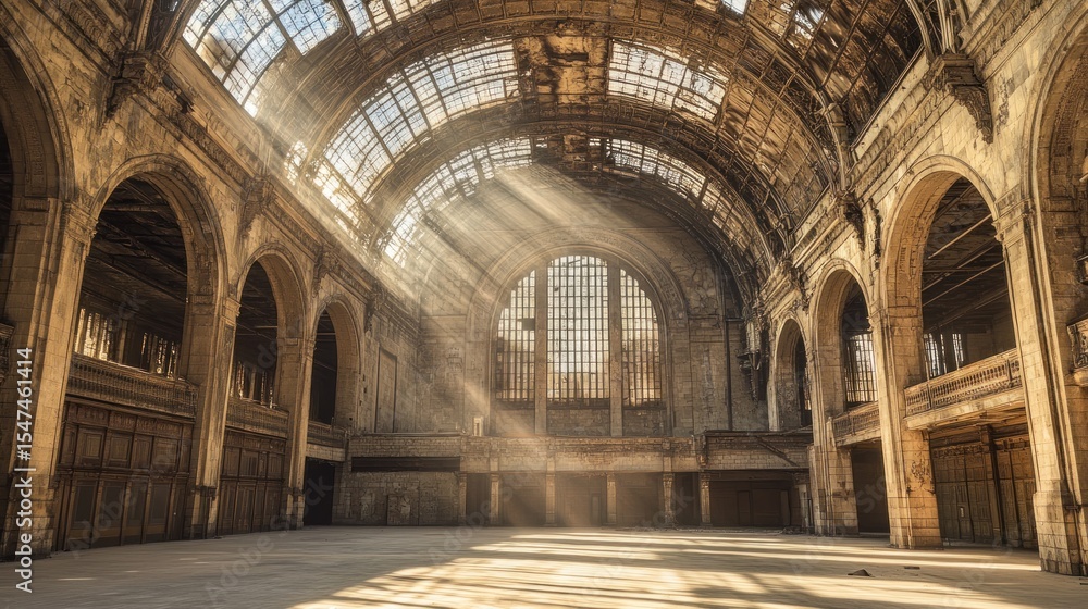 Obraz premium Sunbeams illuminate an abandoned train station