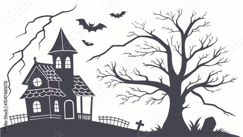 Eerie Halloween silhouette featuring a haunted house, dead tree, flying bats, and graveyard under stormy skies. Spooky gothic vector art for horror.