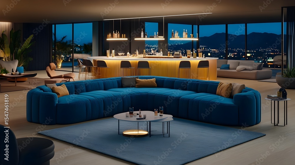 Fototapeta premium Luxury Penthouse Apartment with Night City View and Modern Furniture, sofa, sectional sofa, blue sofa, home decor, interior design