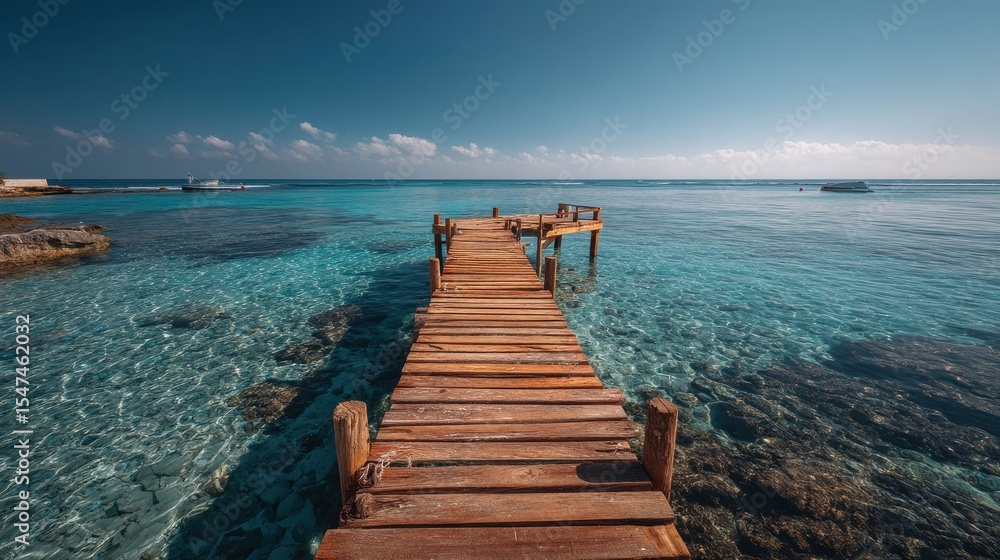 Fototapeta premium Empty tropical dock stretching into blue ocean, minimal concept