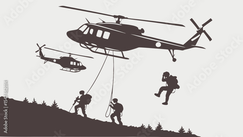 Air rescue operation with military helicopters and special forces team rappelling on mountain. Emergency training.