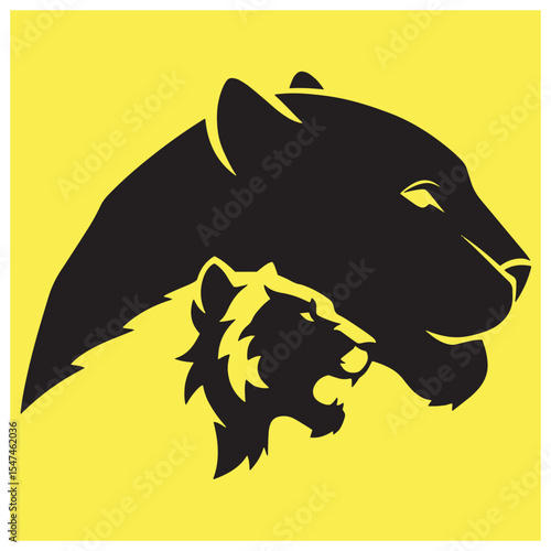 Stylized silhouette of a lion and cub in black with a vibrant yellow background