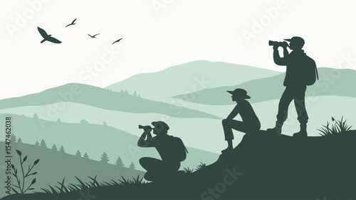 Silhouettes of people observing nature in mountains. Group of friends exploring scenic outdoor landscape with binoculars.