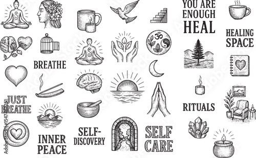 Black and white hand-drawn illustration featuring mental wellness themes like meditation, self-care, healing, and inner peace with icons of hearts, birds, and calming nature elements