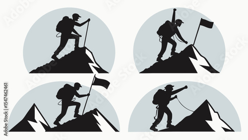 Mountain climber silhouettes reaching peak summit. People climbing, planting flag. Success, achievement, challenge, adventure.