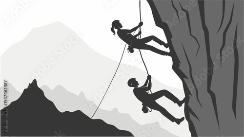 Man and woman rock climbing on a steep mountain. Outdoor extreme sport adventure. Teamwork and challenge in nature.