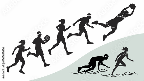 Silhouettes of athletes in sport training progression including running, jumping, diving, and swimming. Fitness and challenge.