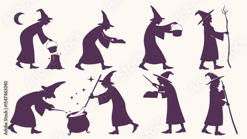 Set of witch silhouettes. Halloween magic spell icons. Fantasy wizard brewing potion, casting, holding staff. Dark mysterious vector collection.