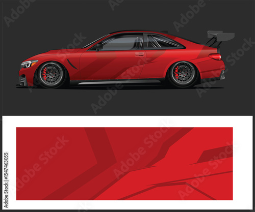 Red Sports Coupe Car Wrap Design with Abstract Graphics