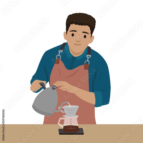 Barista pours hot water into a dripper to prepare fresh pourover coffee on a wooden counter. Flat vector illustration isolated on white background