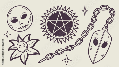 Dark Fantasy Magic Symbols Collection. Mystical Moon Sun Flower and Medieval Weapon Icons. Hand Drawn Vector Art.