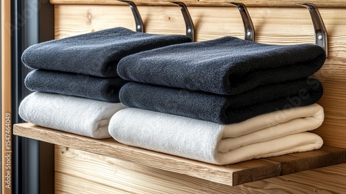 Neat Stacks of Gray and Off White Towels on Rustic Wooden Shelf