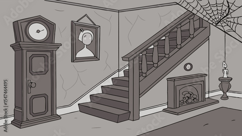 Black and white vintage house interior with old wooden staircase, grandfather clock, fireplace, and spiderweb. Classic home hallway.