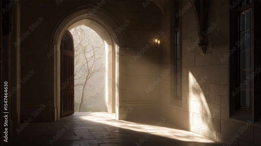 Fototapeta premium Ethereal Light Streaming Through Historic Archway in Stone Hallway with Shadowy Floor Patterns