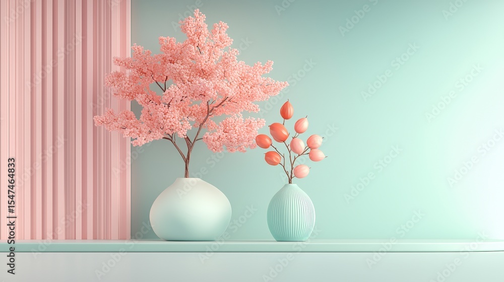 Pastel Pink Blossoms and Orange Berries in Vases on Mint Green Wall Pastel Pink Blossoms and Orange Berries in Vases on Mint Green Wall