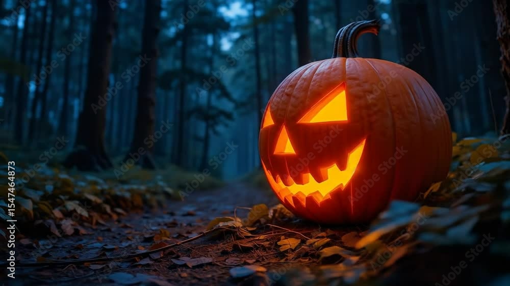 Glowing Carved Pumpkin on Forest Path at Night . 4k video Glowing Carved Pumpkin on Forest Path at Night . 4k video