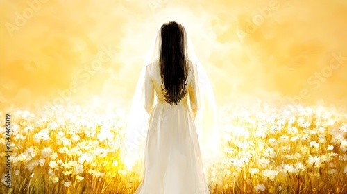 Bride in a Field of Flowers at Sunset, wedding, dress, veil, woman, back view