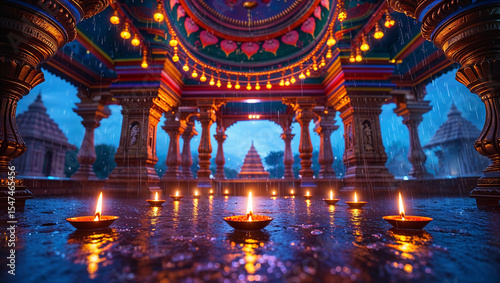 Lit diya lamps reflecting on a wet floor in a traditional indian temple during rain