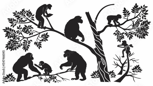 Black Silhouette Monkeys and Apes in Trees. Wild Animal Wildlife Primate Jungle Forest Nature Vector Illustration.