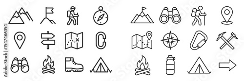Icons representing outdoor activities and adventure gear for hiking and exploration in a minimalist style