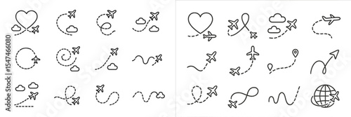 Flight paths and travel symbols created with simple line art suitable for design and decoration