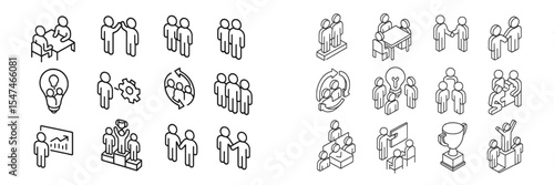 Icons representing teamwork, collaboration, innovation, and achievement in a professional setting