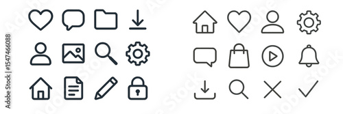 Collection of line icons representing various concepts such as communication, media, and technology in a minimalist design