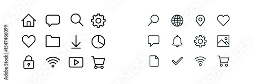 Collection of minimalist icons representing various digital activities and elements for web design and user interfaces