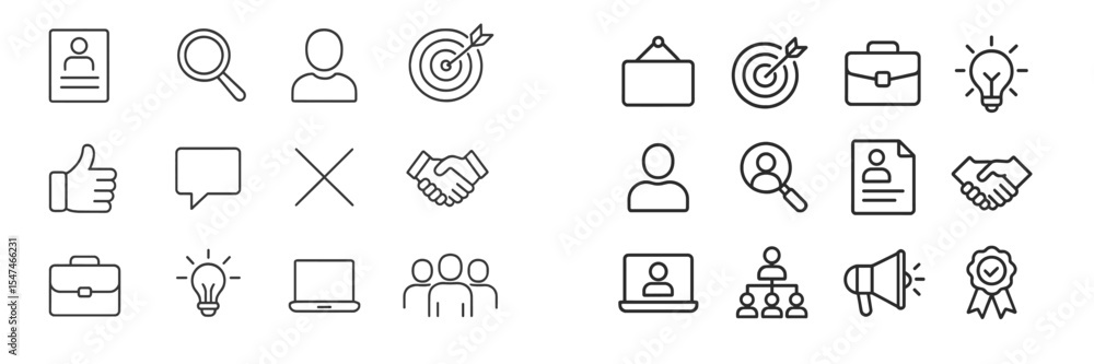 Collection of minimalistic icons representing various professional activities and concepts related to business and communication Collection of minimalistic icons representing various professional activities and concepts related to business and communication