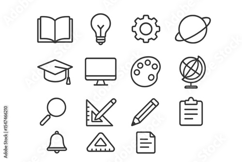 Collection of educational icons representing various academic subjects and tools for learning and creativity