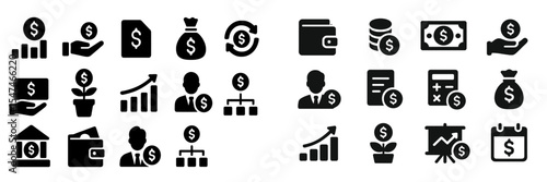 Collection of black and white financial icons representing money management, investment, and monetary transactions for business needs