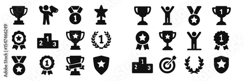 Various trophy and award icons in black and white showcasing achievements and recognition symbols