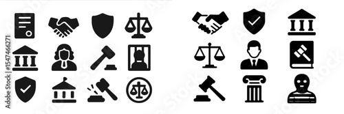 Legal symbols and icons represent justice, law, and court activities in a clear and organized layout