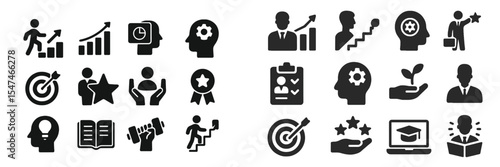 Icons representing personal development, achievement, and business growth in a modern, minimalist style