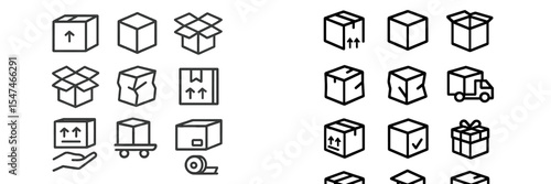 Collection of minimalistic icons depicting packaging, shipping, and delivery concepts for use in design projects