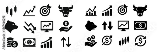 Black icons representing stock market trends, financial growth, and trading symbols displayed in a uniform layout for easy understanding