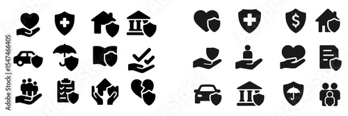 Collection of protection and care related icons in black featuring various symbols for healthcare, finance, and safety